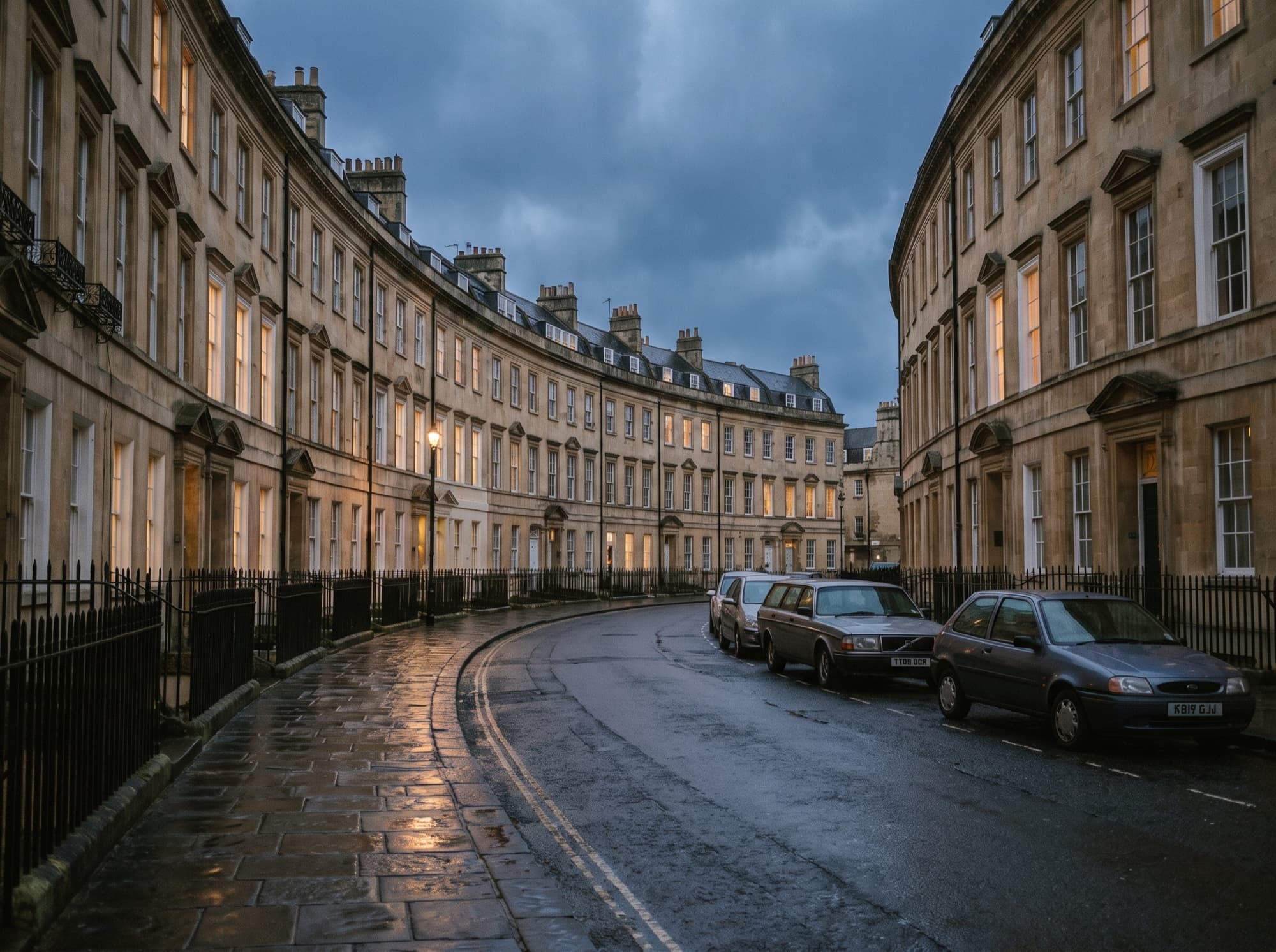 A Georgian terrace crescent in Bath at dusk after rain